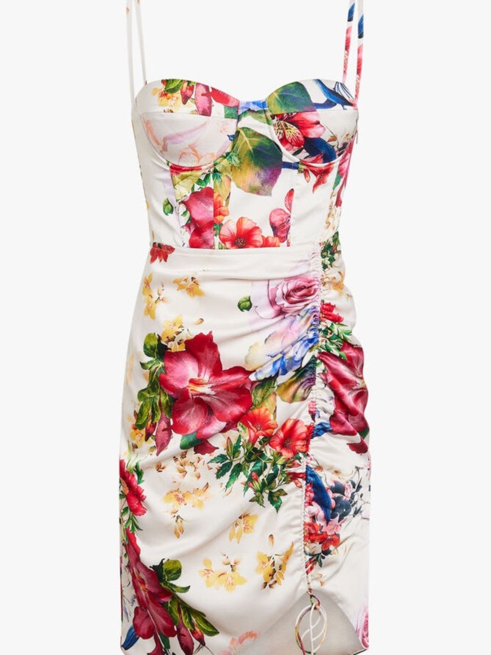 Marciano White Floral Ruched Bustier Mini Dress